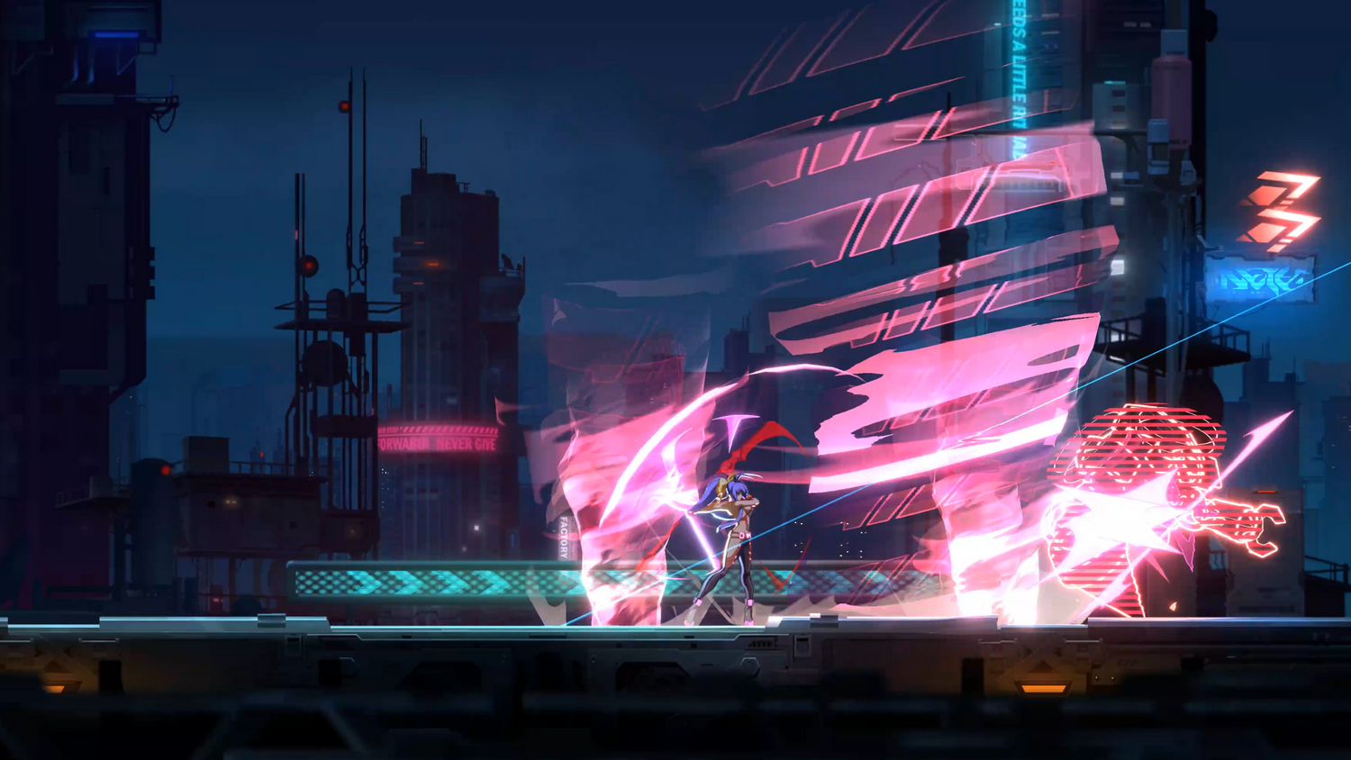 Una escena de ciudad futurista. Un personaje lucha, rodeado de energía rosa. Edificios al fondo. El cielo es azul oscuro.