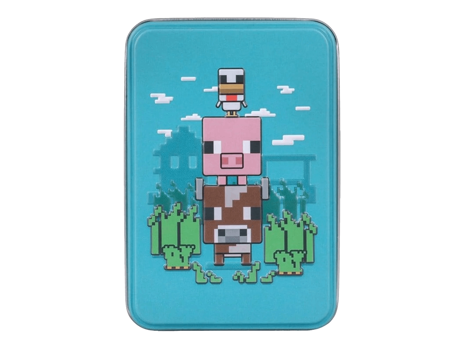 Diseño temático de Minecraft sobre fondo azul, con vaca, cerdo y personaje pixelados apilados, con arbustos verdes.