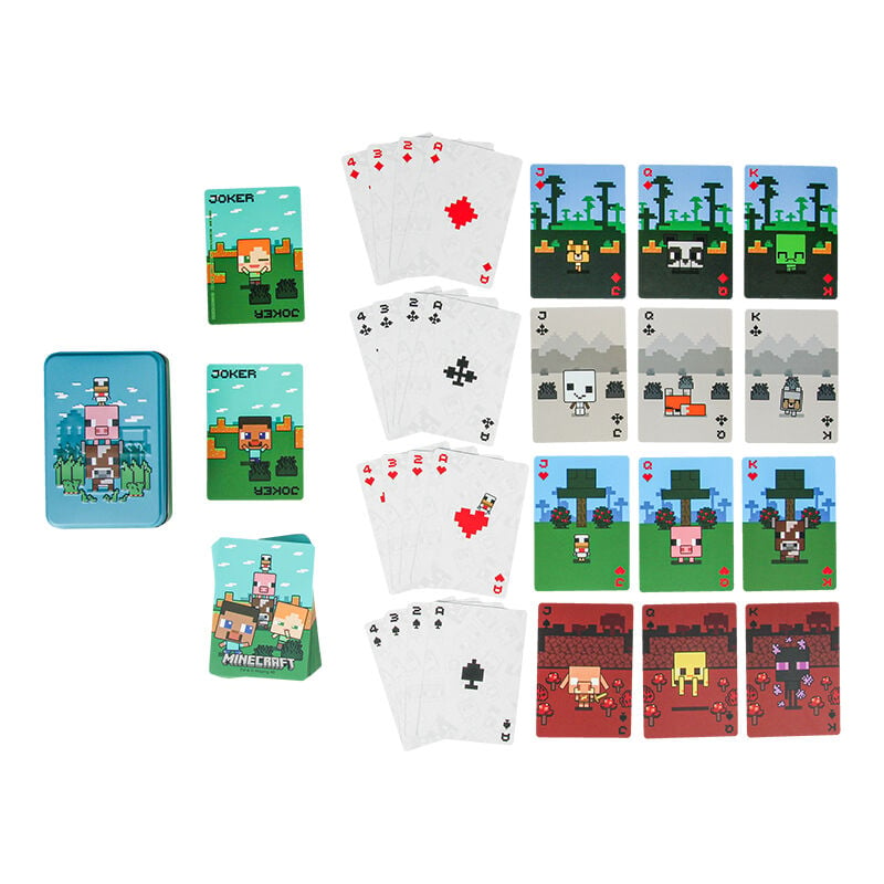 Cartas de juego de Minecraft con diseños de personajes. Incluye caja de cartas, comodines y varias cartas de palo.