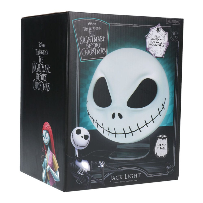 Caja para una lámpara de Jack Skellington de The Nightmare Before Christmas. Muestra la cabeza de Jack y personajes. La caja es negra.