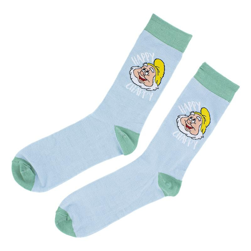 Dos calcetines azul claro con detalles verdes. Cada uno tiene una caricatura de Happy, con 'Happy' y 'Happy' escritos.
