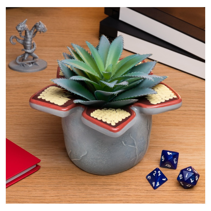 Una maceta decorativa con una planta suculenta está sobre un escritorio de madera. También hay dados y una pequeña figura.