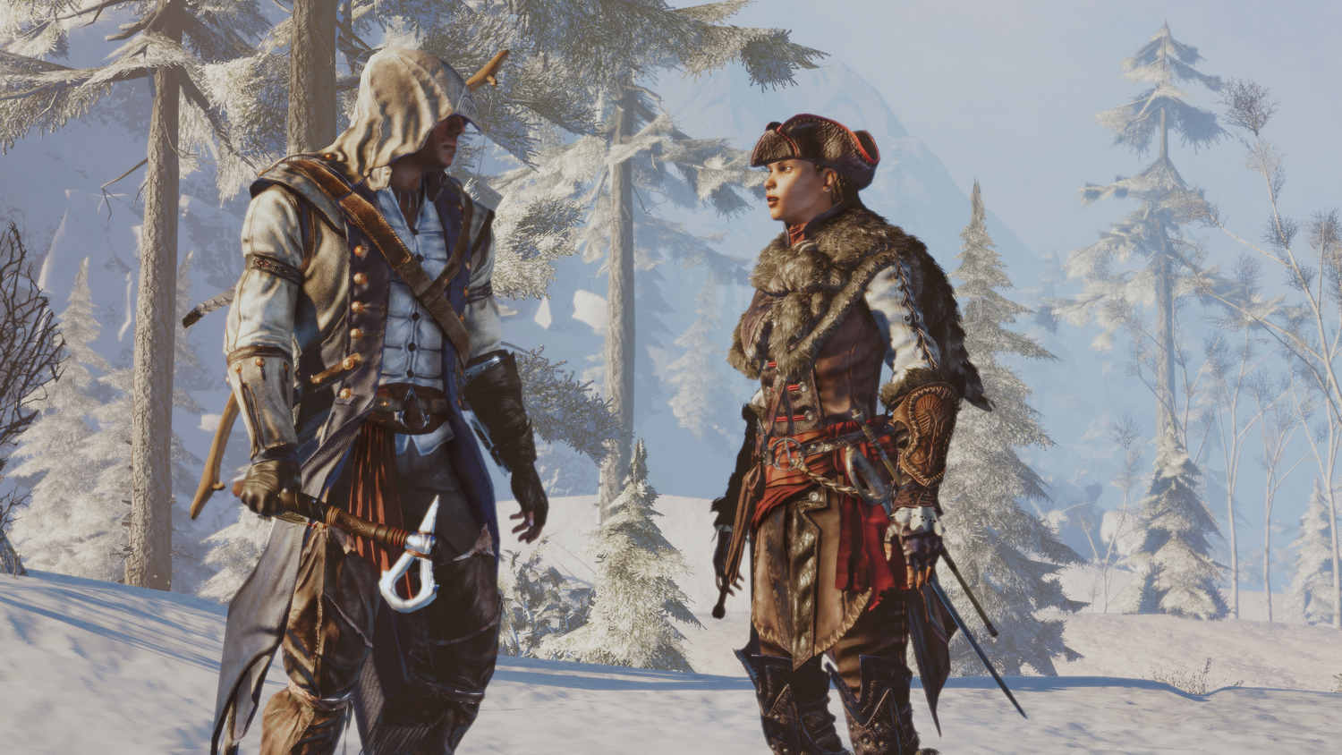 Dos figuras con ropa de invierno están en un bosque nevado. Uno sostiene un arma. Fondo con árboles cubiertos de nieve y cielo brillante.