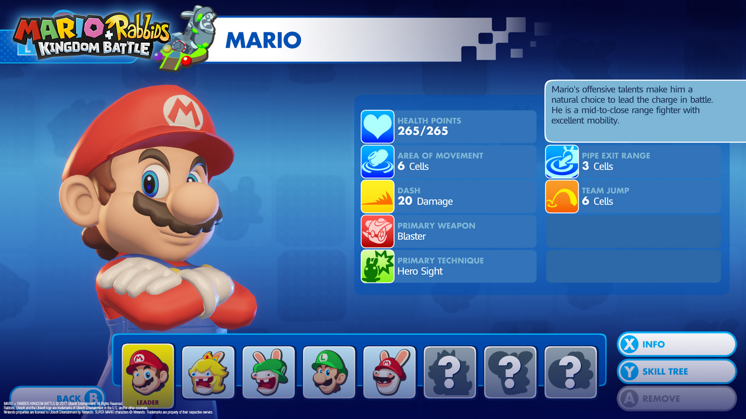 Mario con gorro rojo y overoles, interfaz del juego con salud, movimiento y detalles de armas.