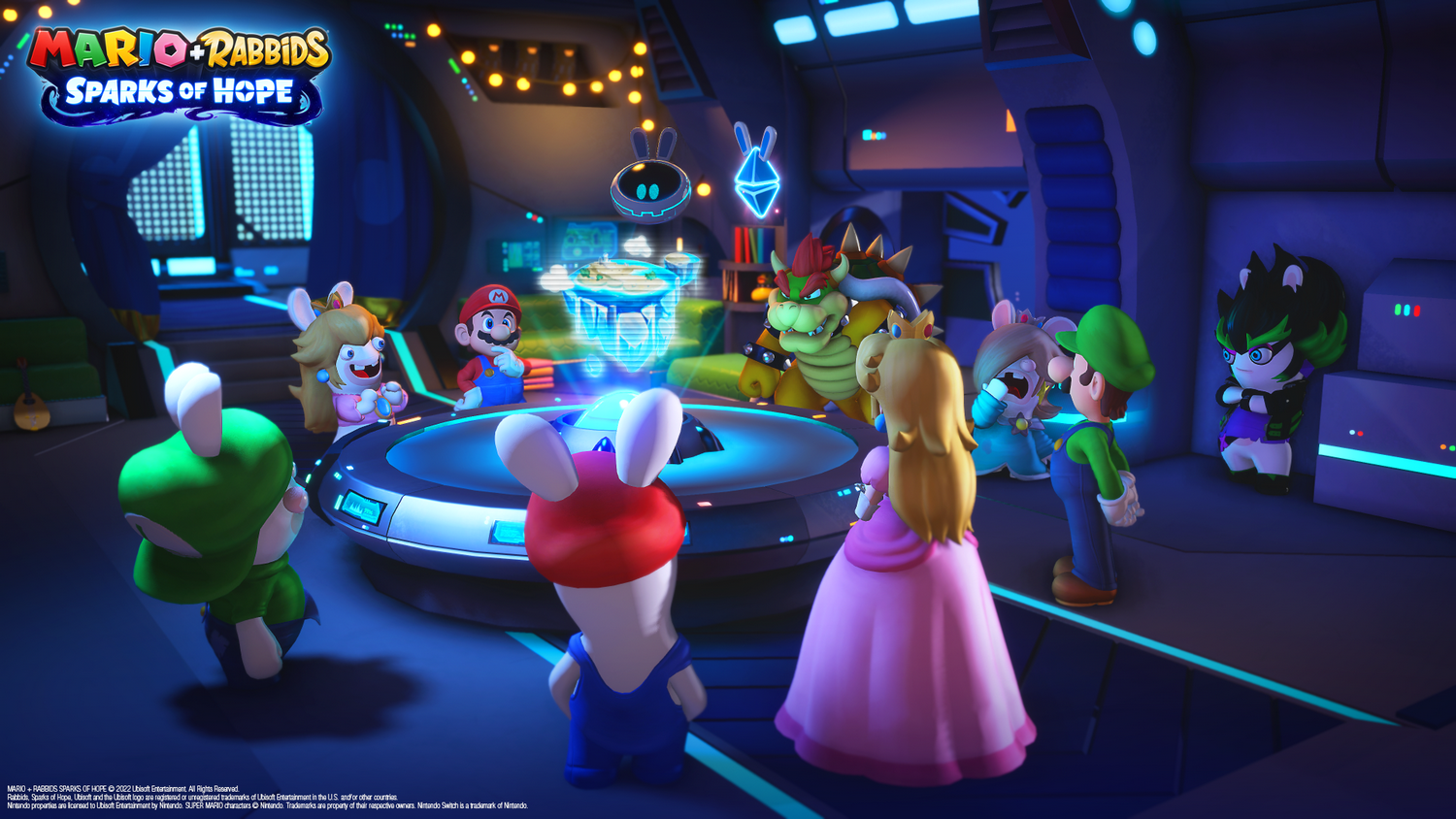 Mario, Rabbids, Peach, Bowser y Luigi se reúnen alrededor de una plataforma circular en un entorno futurista. Hay Sparks y Rabbids.