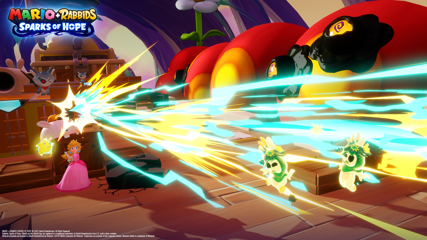 Princesa Peach con Rabbids, disparando rayos de energía. En el fondo, grandes criaturas rojas y un cofre. Logotipo de Sparks of Hope.