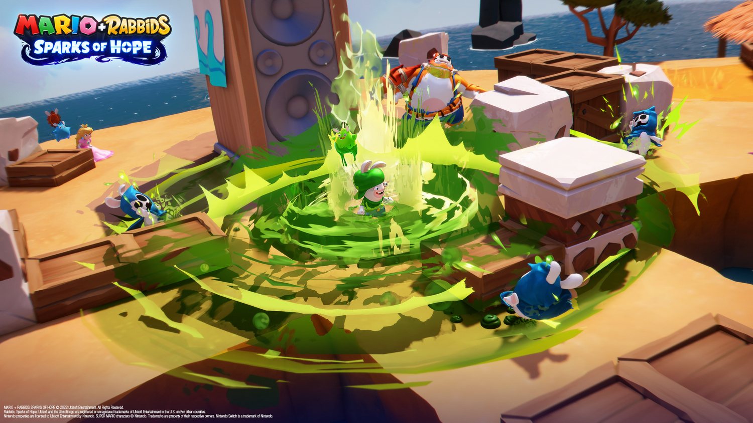 Una escena de juego vibrante con personajes de Mario + Rabbids. Rabbids y personajes de Mario están en acción en medio de un campo de energía verde.