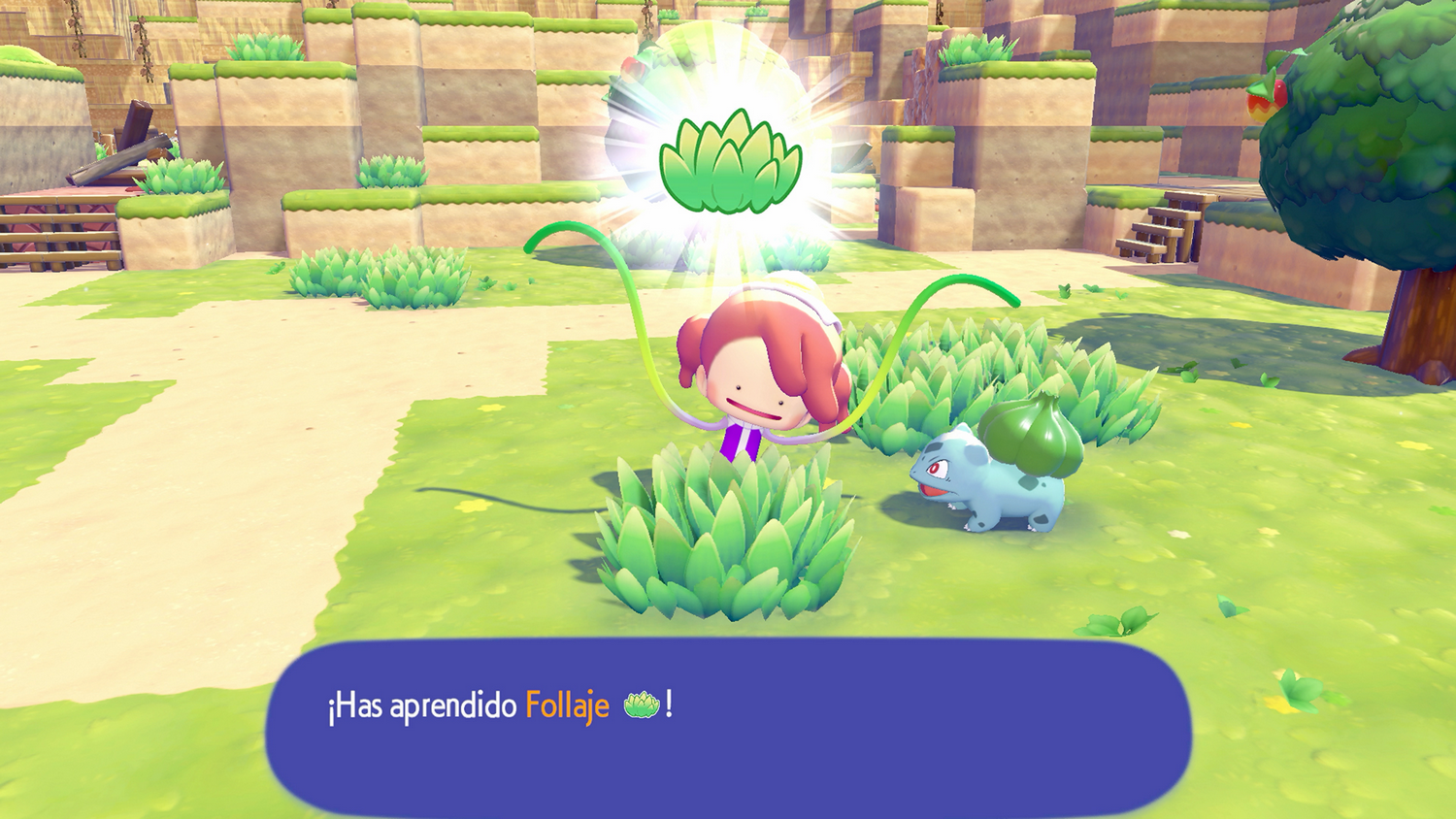 Un personaje está aprendiendo un movimiento. Un gráfico de planta verde brilla sobre ellos. Un Bulbasaur está cerca y texto en la parte inferior.