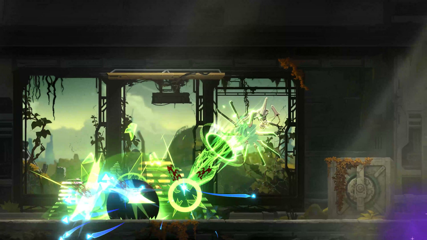 Escena de ciencia ficción con efectos de energía verde brillante. Una estructura futurista en el fondo. Primer plano tiene formas geométricas y líneas.