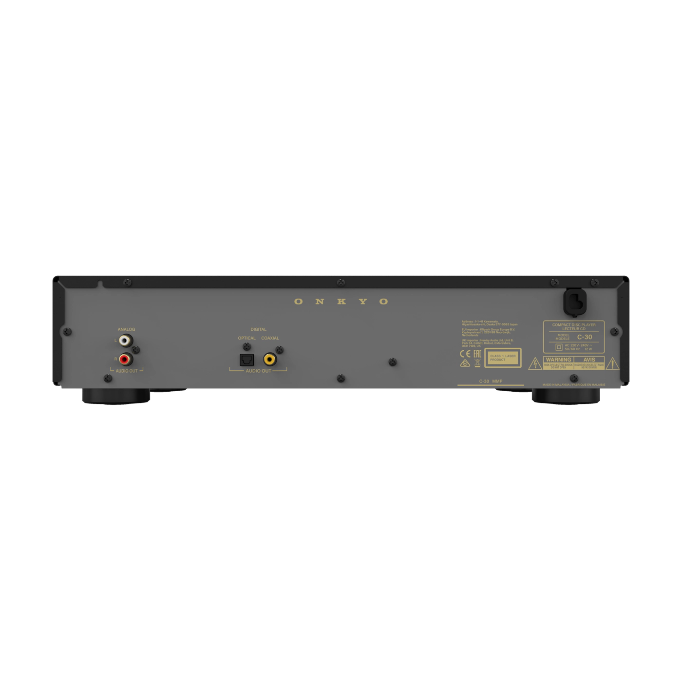 Die Rückseite eines Onkyo C-30 CD-Players. Er hat Audioausgänge, digitale und analoge Anschlüsse sowie einen Stromeingang.