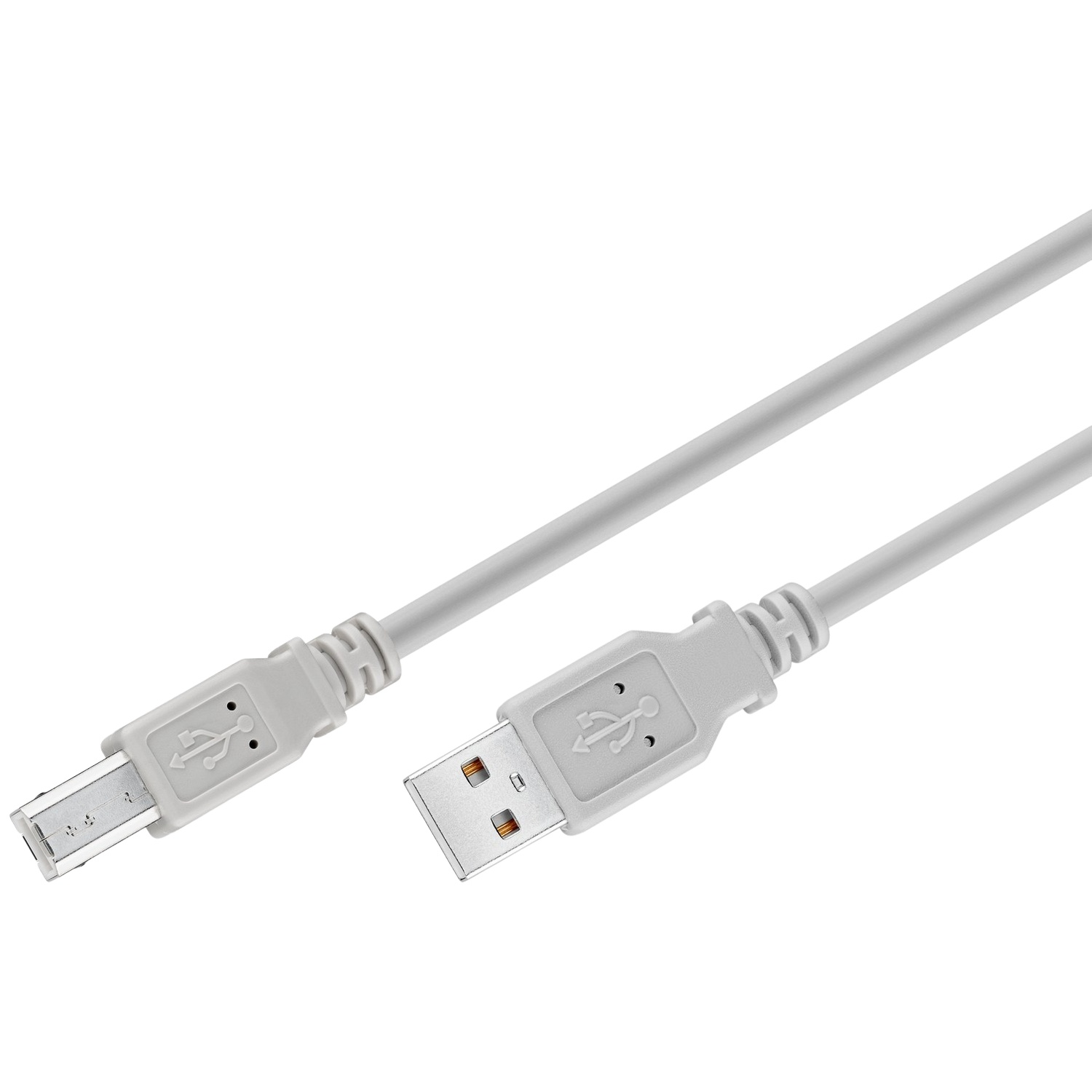 Un câble USB blanc avec deux connecteurs sur fond blanc. Un connecteur a un USB type B mâle.