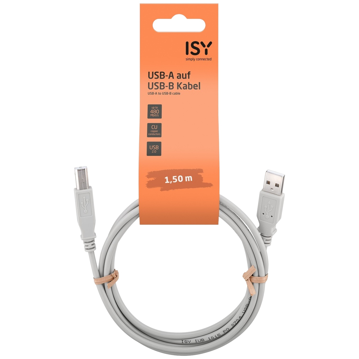 Un câble USB-A vers USB-B gris, enroulé. Il comporte une étiquette orange avec la marque 'ISY' et des spécifications comme la vitesse et la longueur 1,50 m.