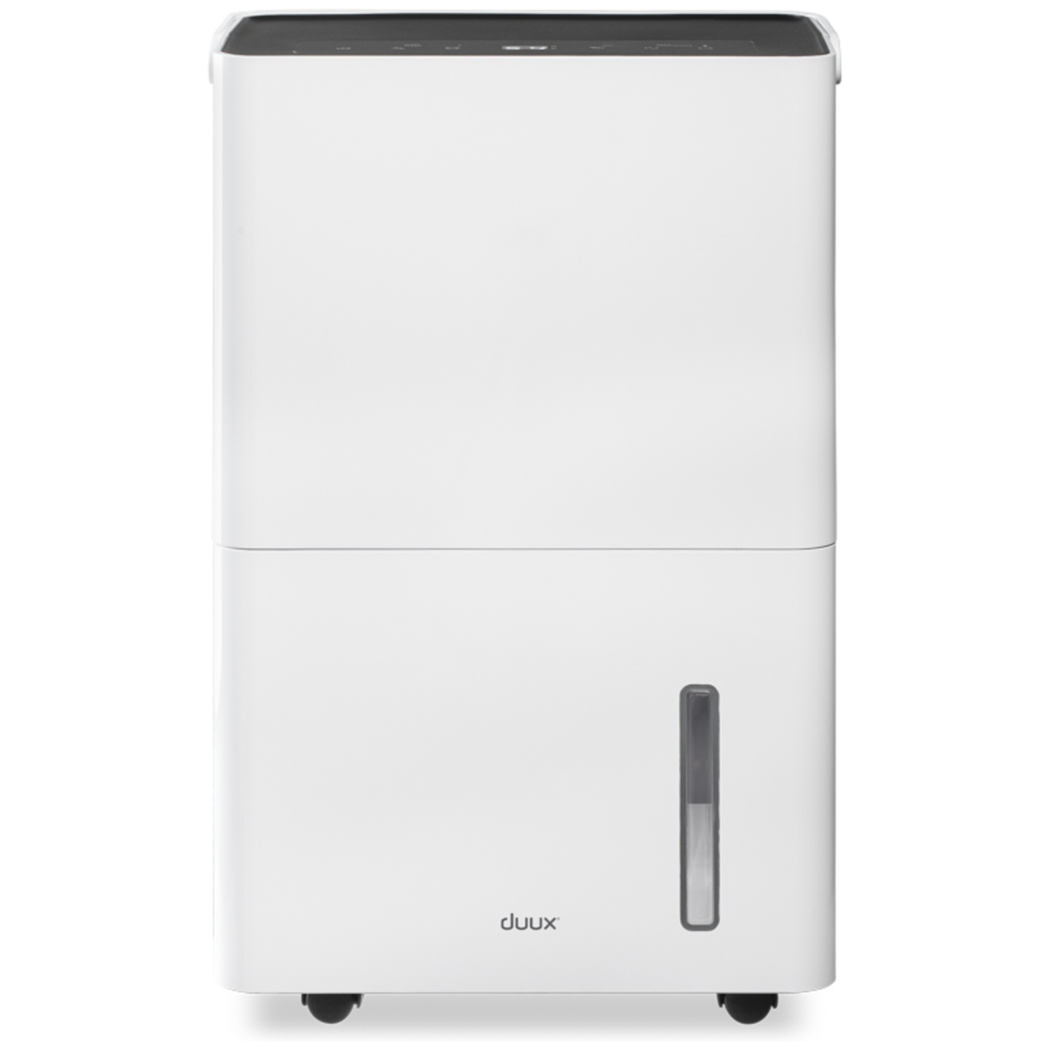 A white Duux dehumidifier. It has a black top, a water level indicator, and wheels. The logo Duux is visible.