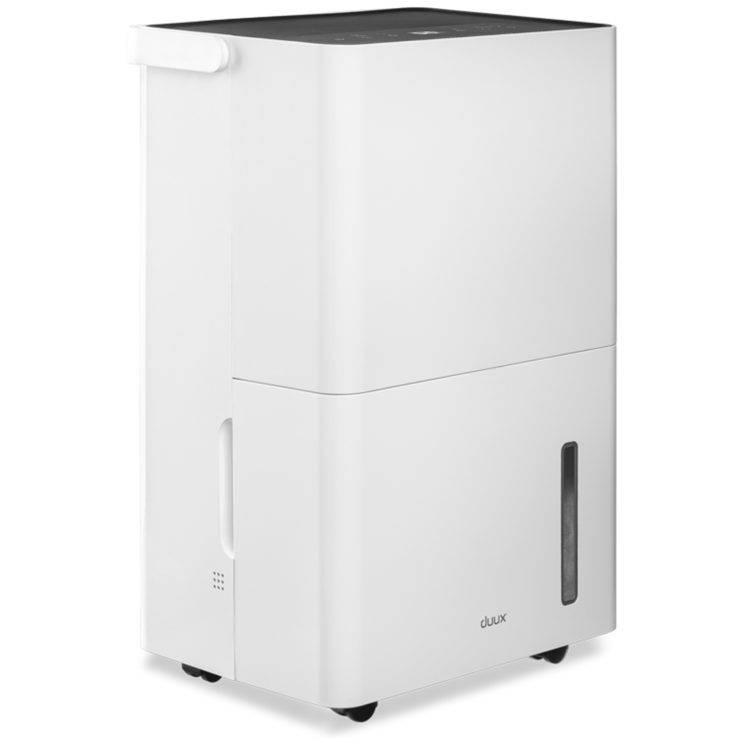 A white Duux dehumidifier. It has a black top, a water level indicator, and is on wheels.