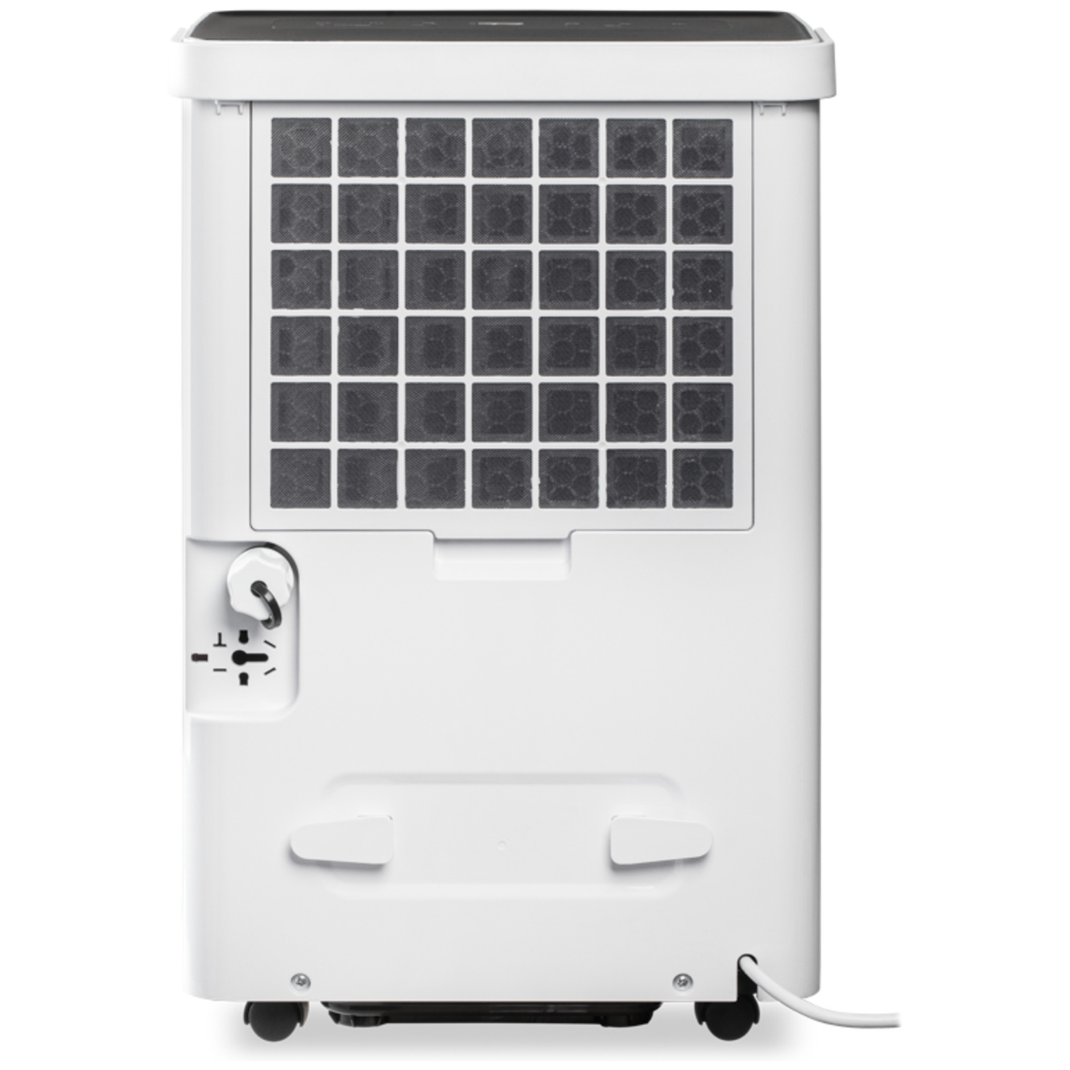 The back of a white dehumidifier with a filter panel, controls, and power cord.