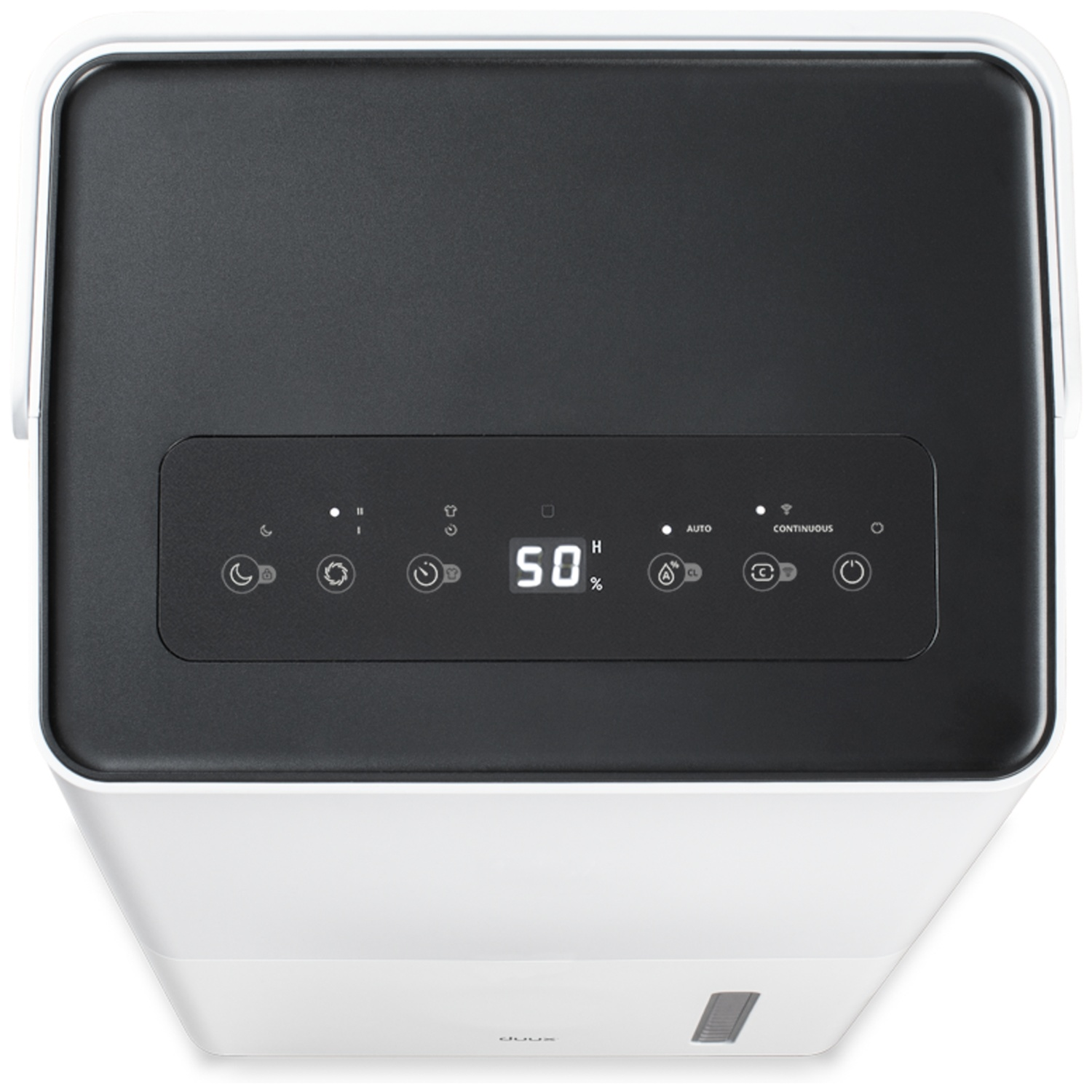 Top view of a white and black humidifier. The display shows 50%. Buttons include power, mode, and timer settings. 