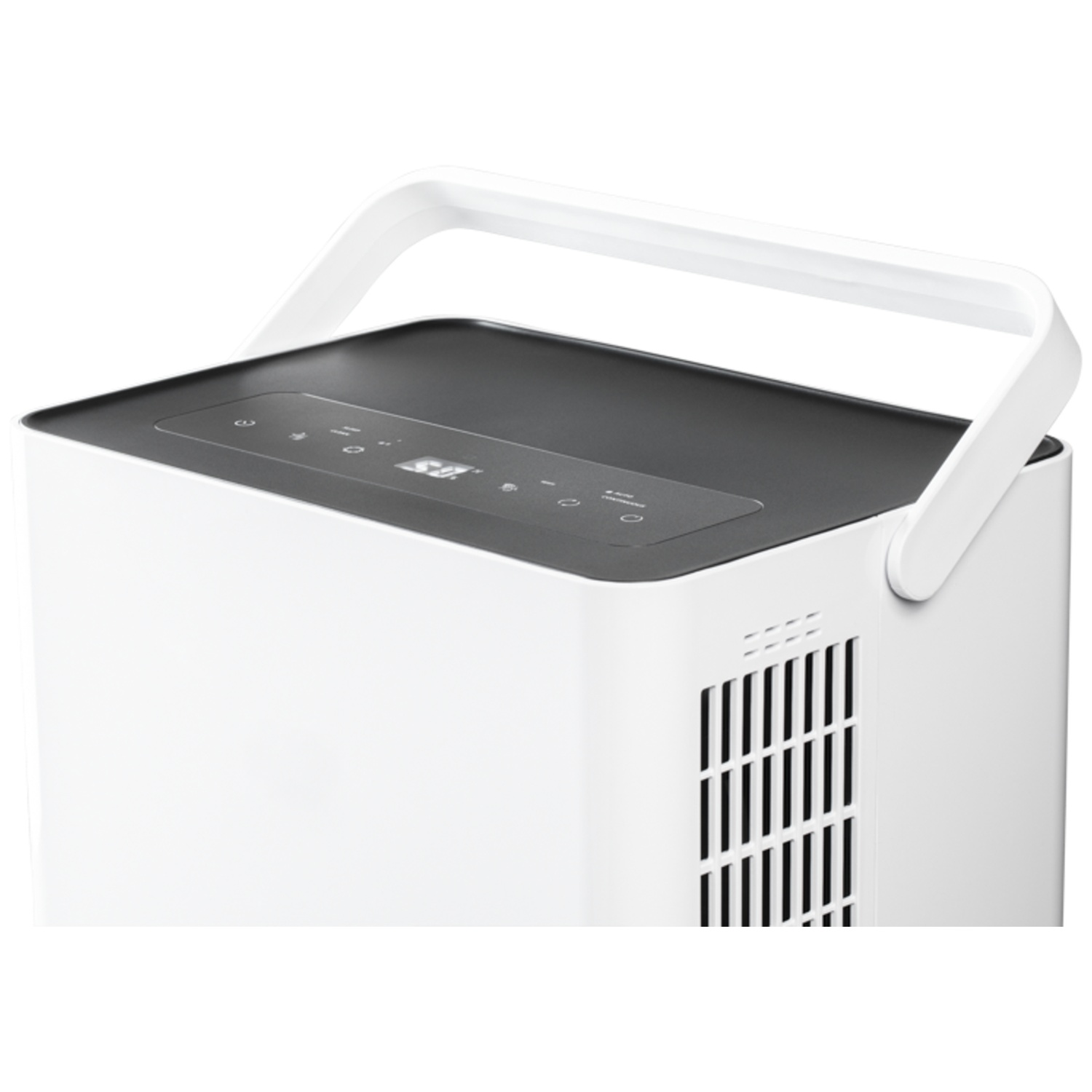 A white and black air conditioner with a handle. The top is black with buttons and a display. A vent is on the side.