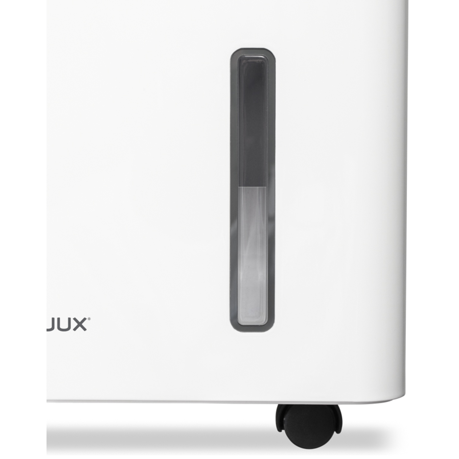 White humidifier with water level window and a black wheel. The brand name 'JUX' is visible.