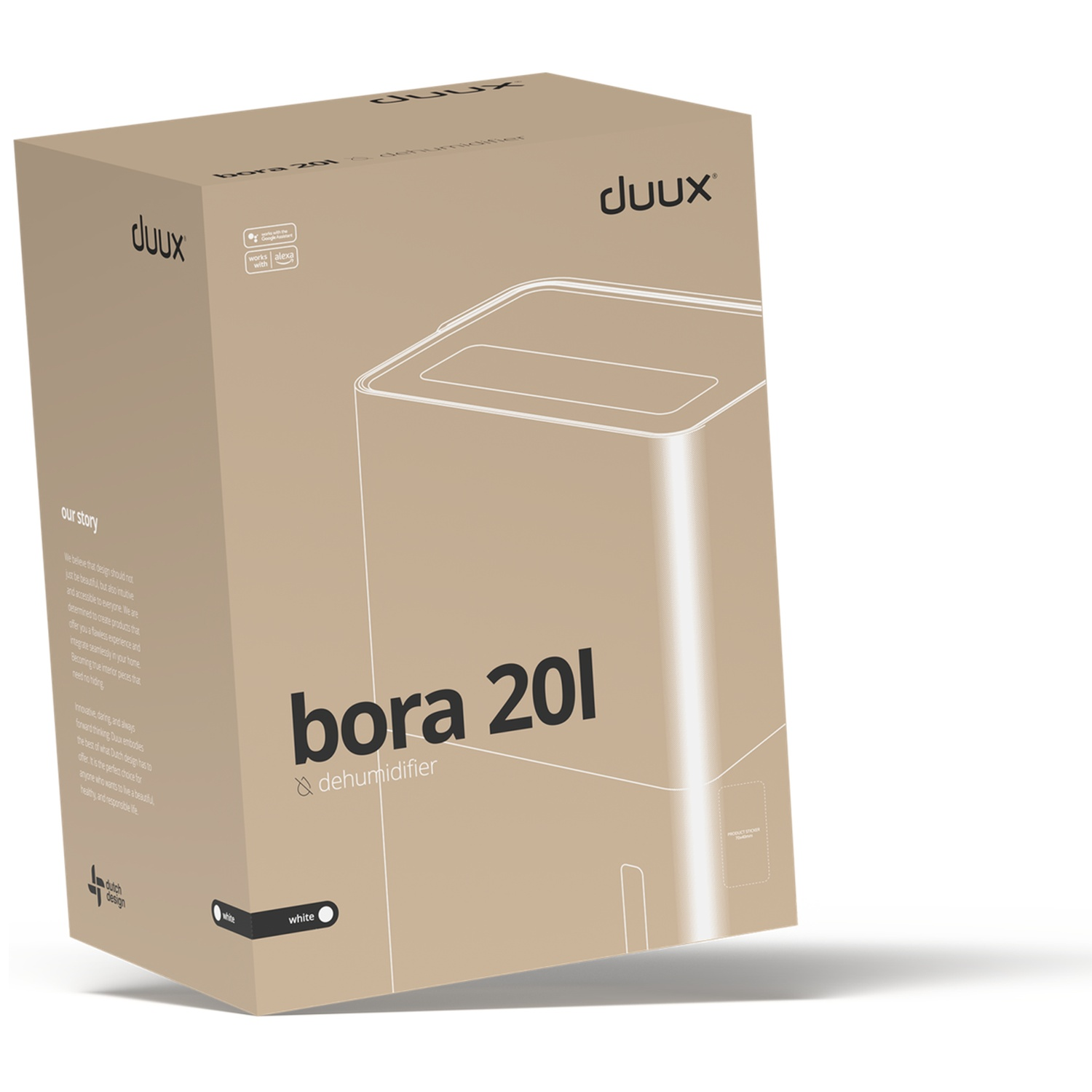 Cardboard box with Duux logo, product name 'bora 201' and 'dehumidifier'. The box is beige with white text and a white line drawing.