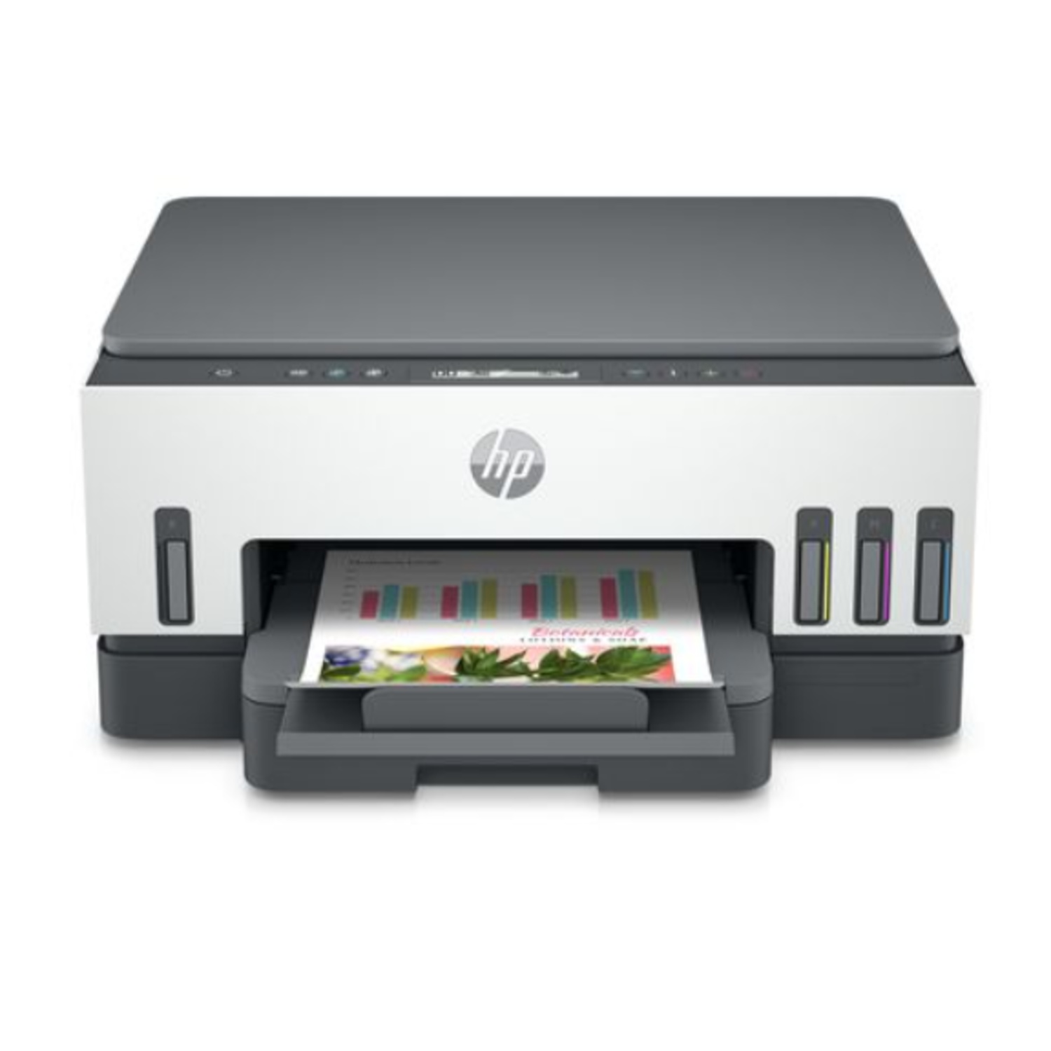 An HP printer is shown. It has a white body, gray top, and a paper tray with a printed document. The HP logo is visible.