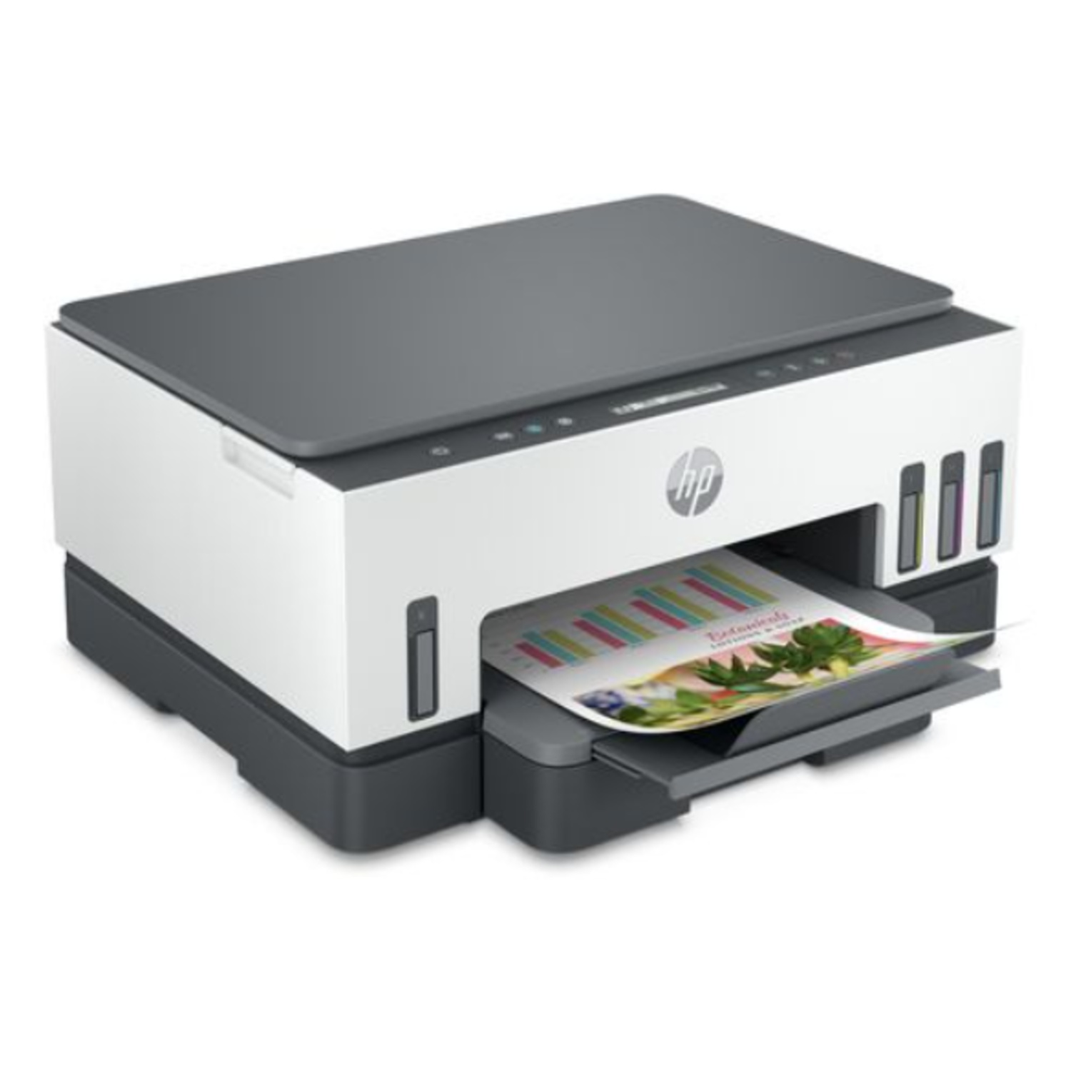 An HP printer is shown. It's white and gray, with a printed page in the output tray. The HP logo is visible on the front.