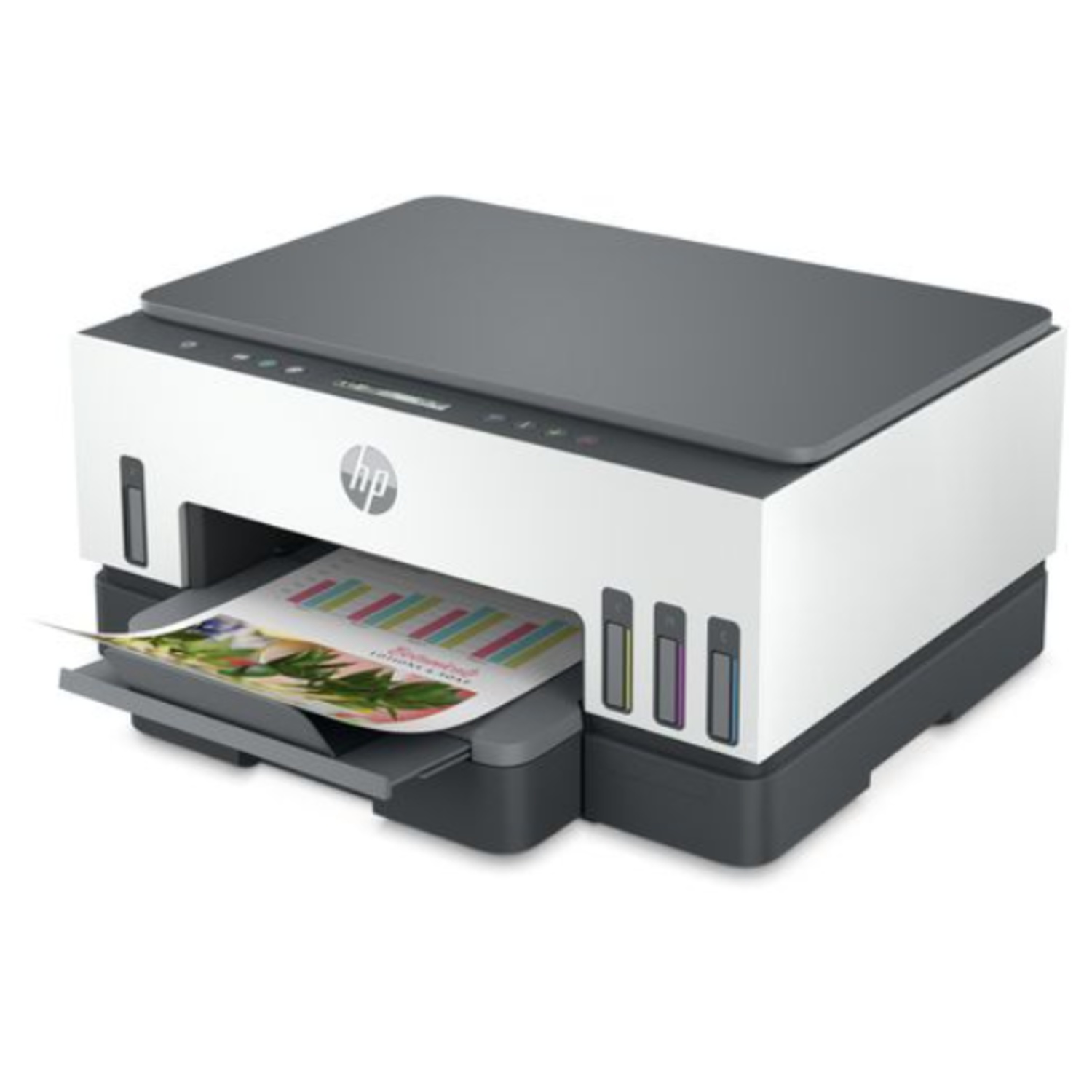 An HP printer is shown. It's white and gray, with paper coming out. The printer has ink cartridges on the side and a top scanner.