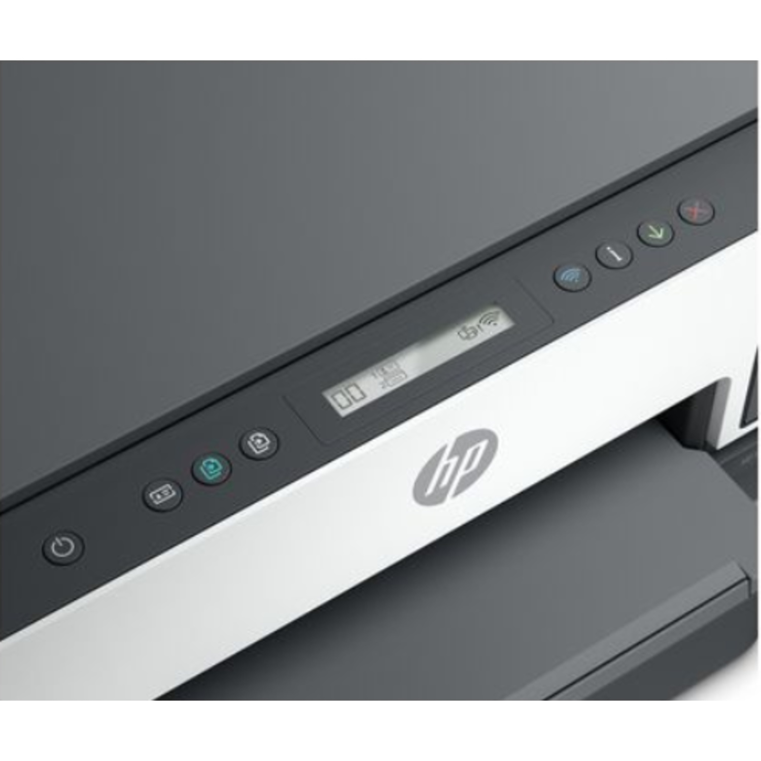 Close-up of an HP printer. Top section shows buttons and a display. The paper tray is visible below. Gray, white, and black colors.