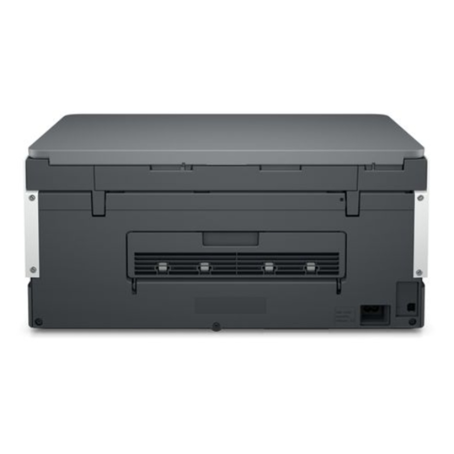 The back of a printer. It is black and gray with a flat top. The back has various ports and ventilation.