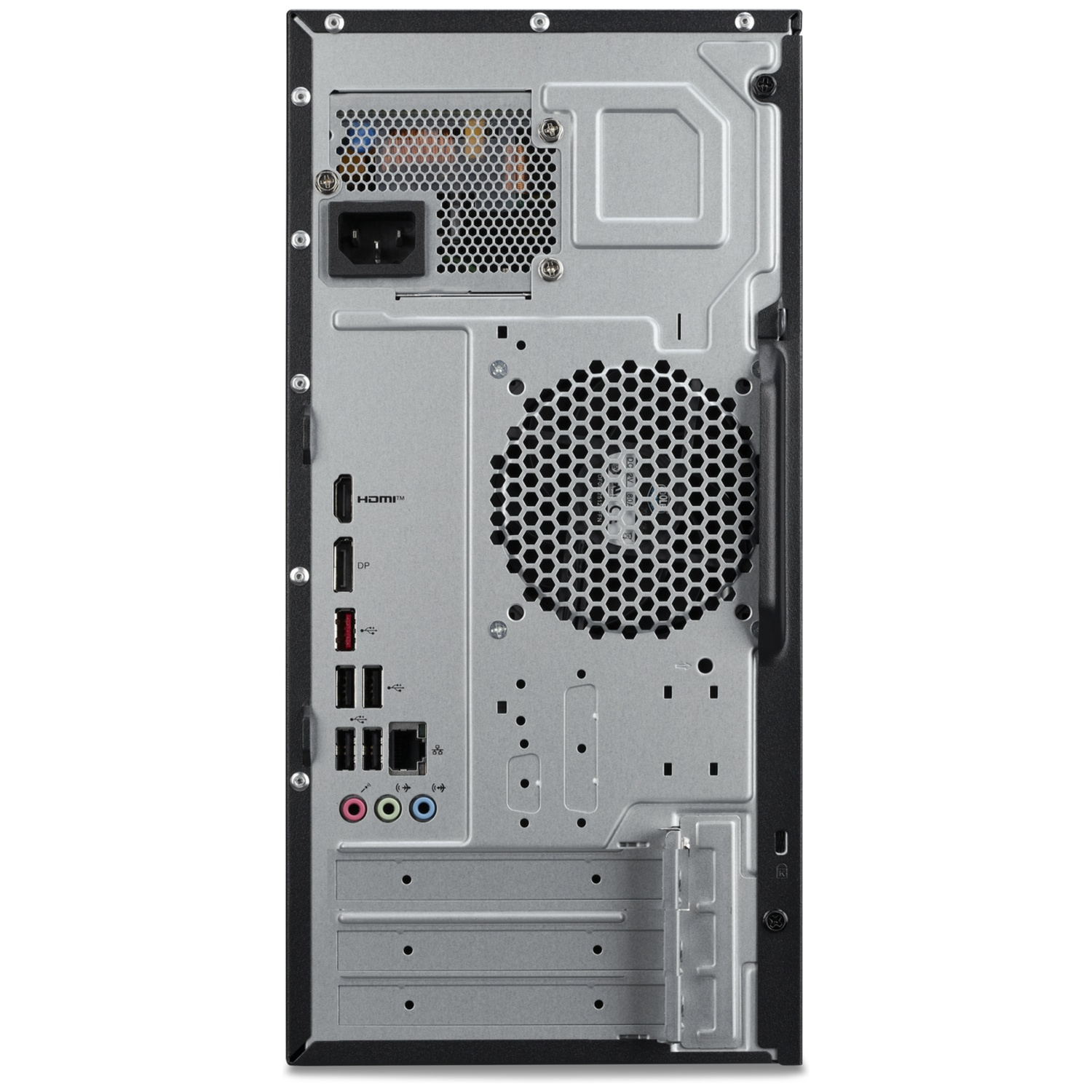 The back of a desktop computer. It has various ports, a power input, and a large vent. The case is silver and black.