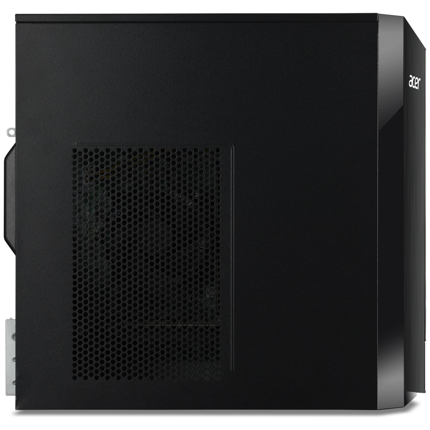 Black Acer computer tower. Perforated side panel, glossy front panel with Acer logo. Silver mounting hardware on the left side.