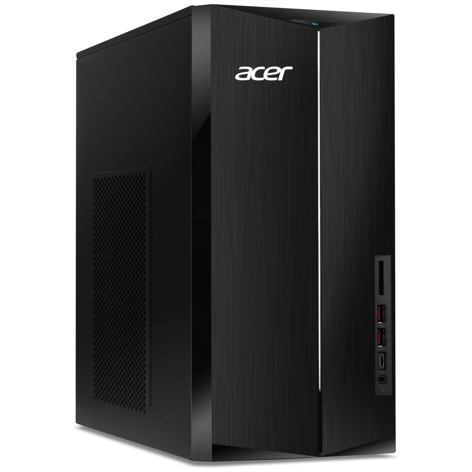 A black Acer desktop computer. It has the Acer logo and several ports on the front panel. A power button is on top.