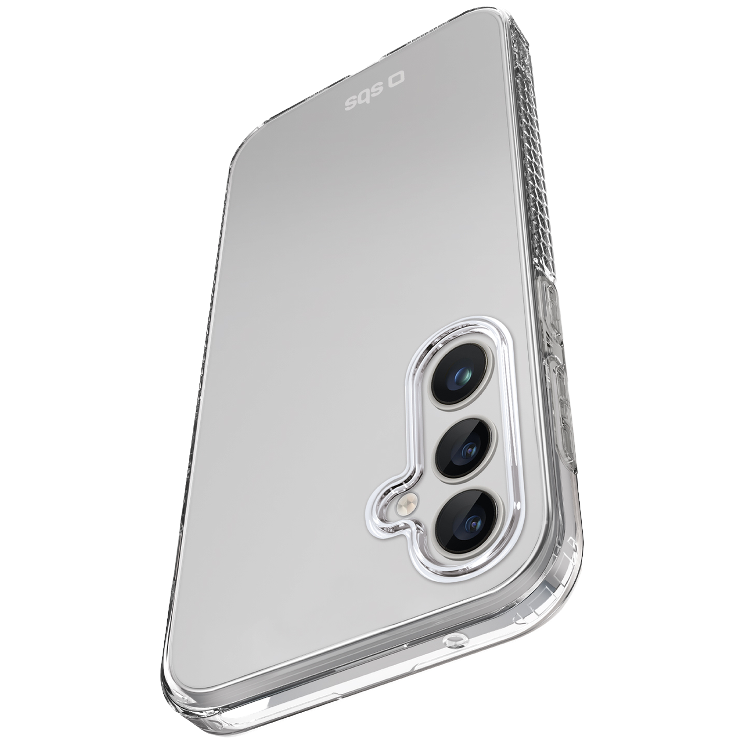 Coque de téléphone transparente avec trois lentilles de caméra. La coque est transparente, montrant l'arrière du téléphone.