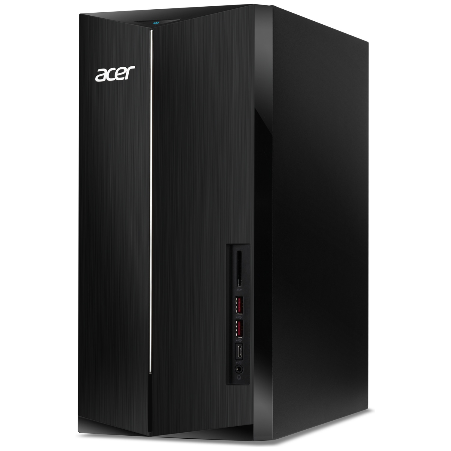 A black Acer desktop computer. It has a vertical design with a brushed metal finish. The Acer logo is visible on the front.