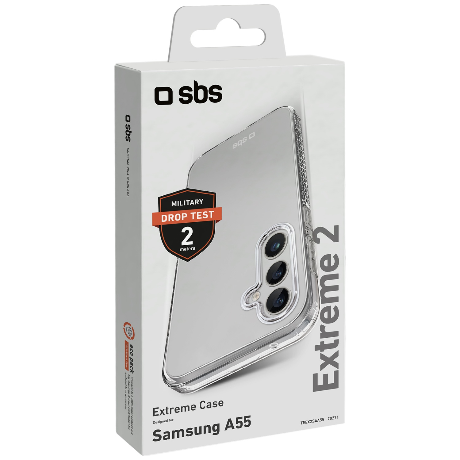 Une coque transparente pour Samsung A55 est présentée dans sa boîte. La boîte détaille 'Extreme 2' et 'Military Drop Test'.