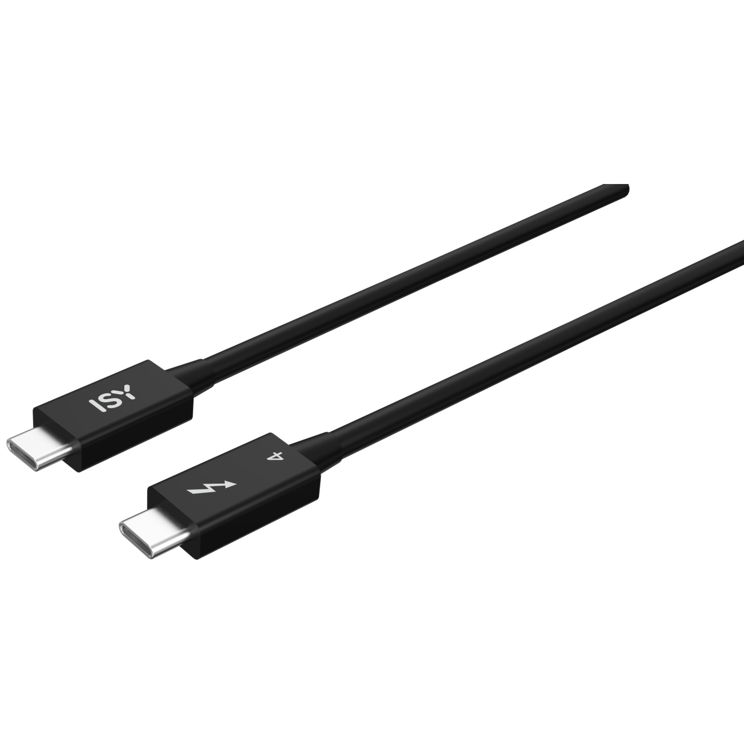 Deux câbles USB-C noirs. L'un porte 'ISY'. L'autre a un symbole d'éclair. Les deux sont sur fond blanc.