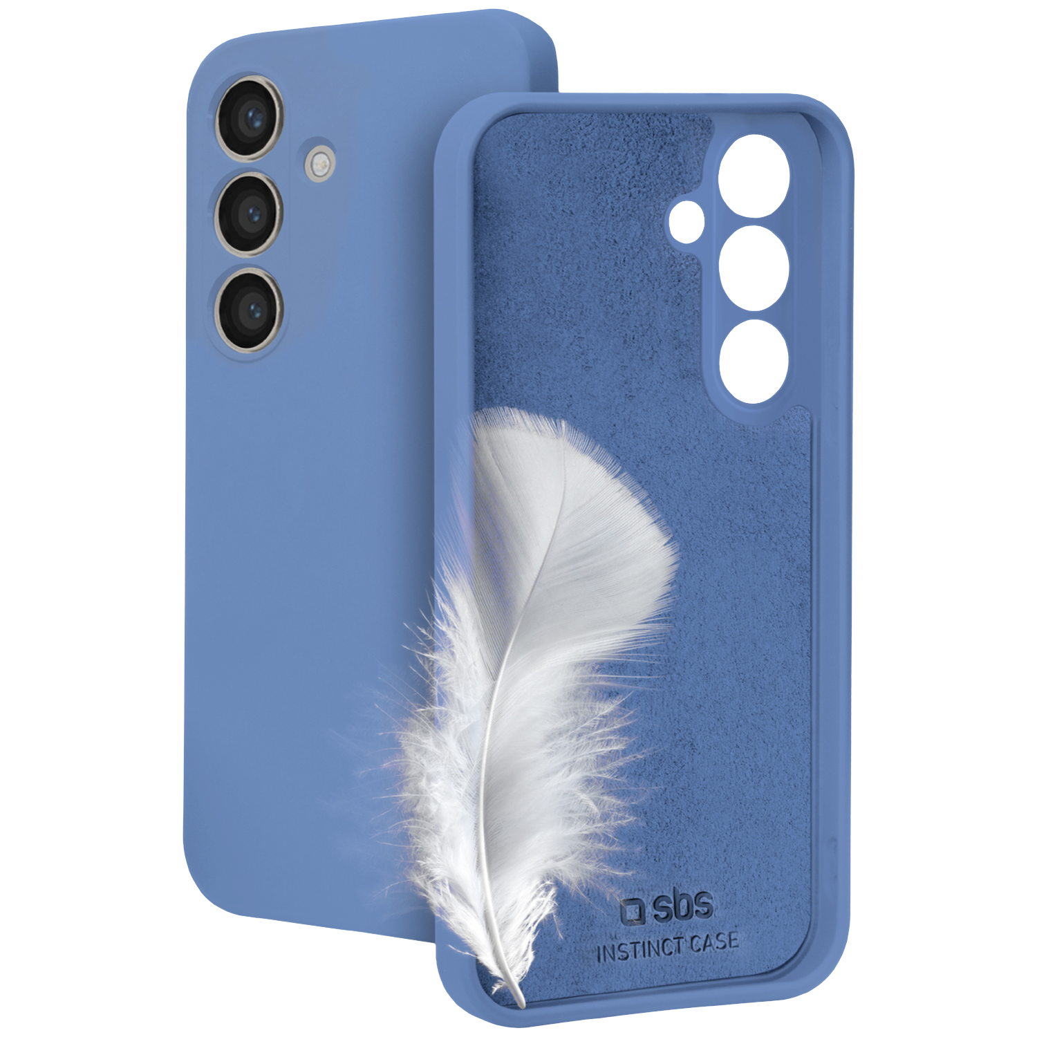 Coque de téléphone bleue avec un motif de plume blanche. Un étui est ouvert pour montrer l'intérieur et l'autre est fermé.