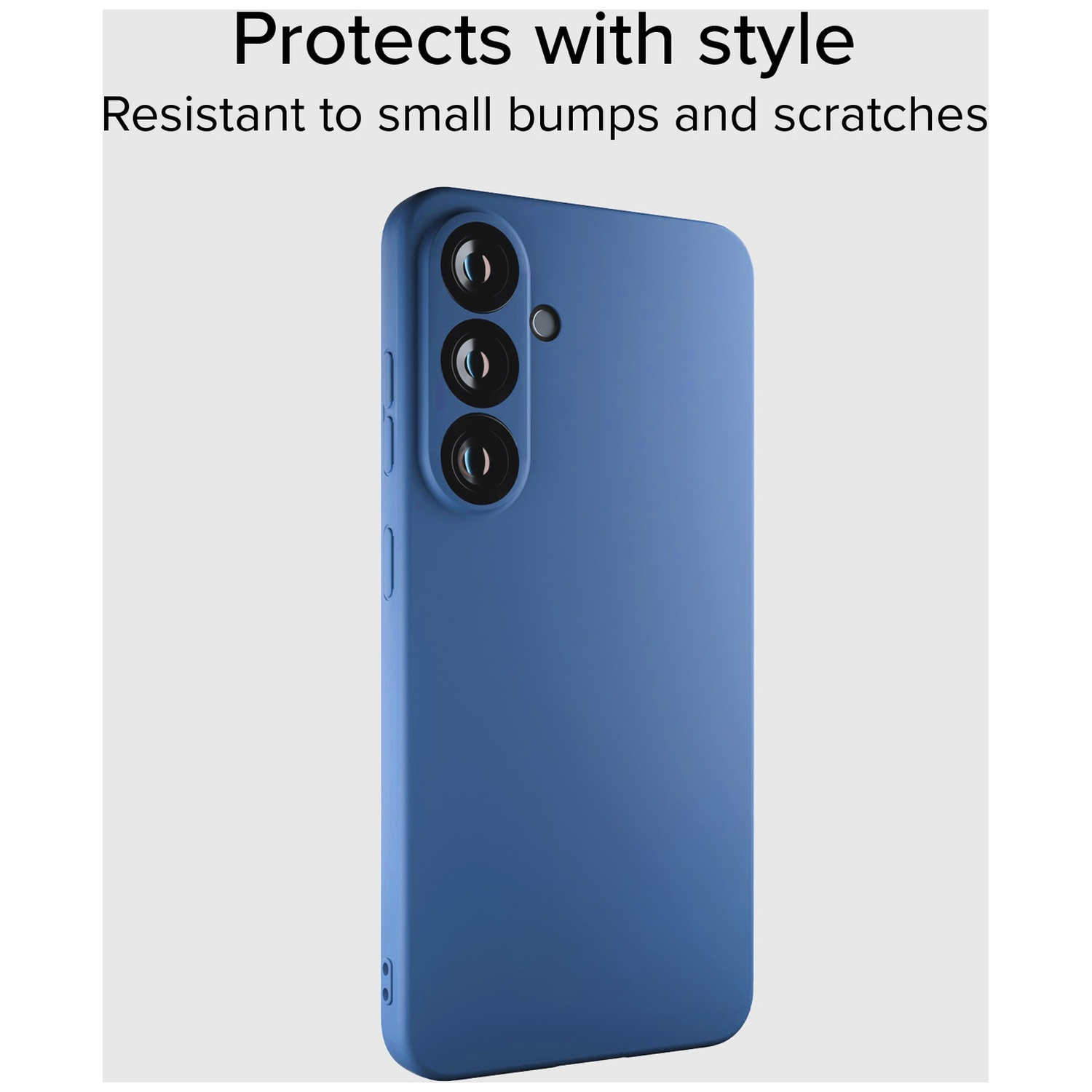 Coque de téléphone bleue avec trois objectifs. Texte : 'Protège avec style' et 'Résistant aux petits chocs et rayures'.
