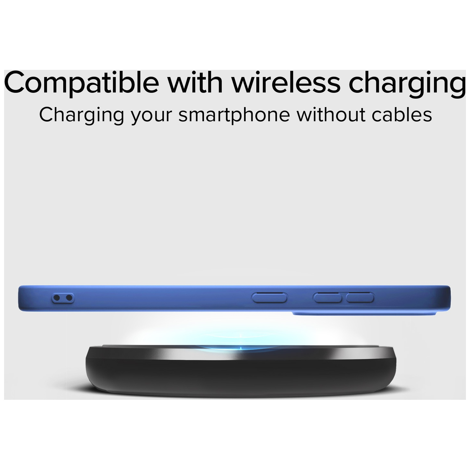 Coque de téléphone bleue se chargeant sans fil sur un socle de chargement noir, fond blanc avec texte : 'Compatible avec la charge sans fil'.