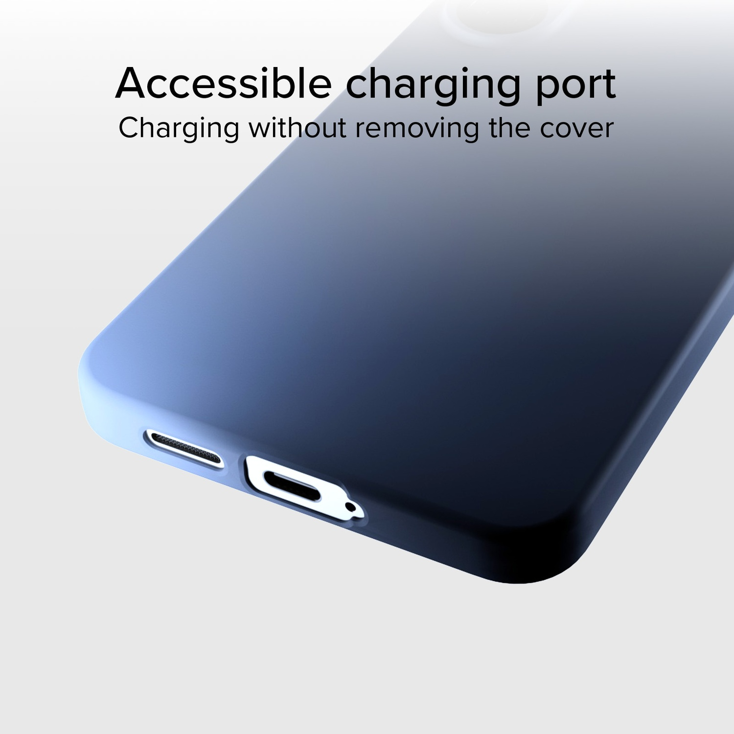 Gros plan d'une coque de téléphone avec port de charge. L'étui est bleu foncé, avec un dégradé bleu clair. Texte : 'Port de charge accessible'.