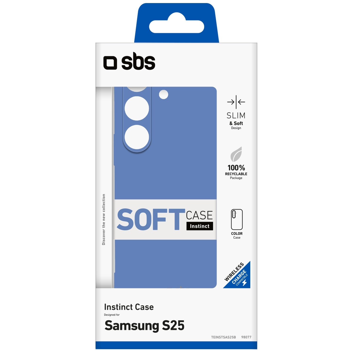Une boîte de coque de téléphone avec une coque bleue. La boîte porte la marque SBS et des textes comme "Soft Case" et "Samsung S25".
