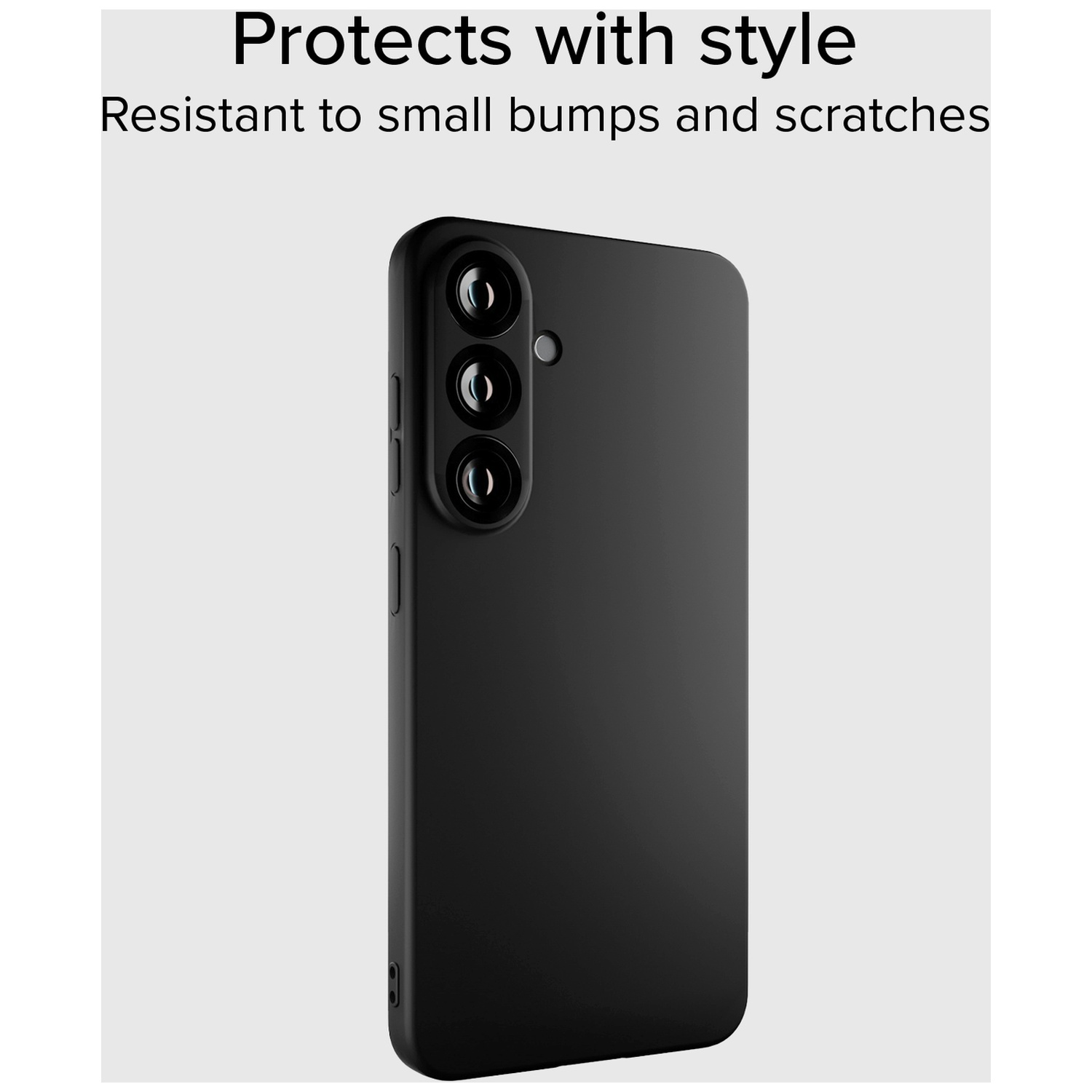 A black phone case with three camera lenses is shown. Text above reads: 'Protects with style. Resistant to small bumps and scratches.'