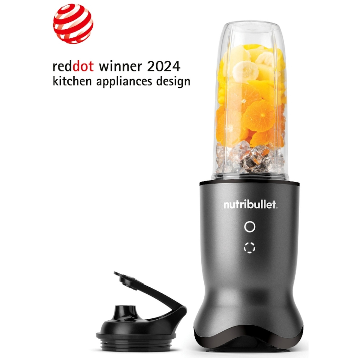 A Nutribullet blender with fruits inside, a detached lid, and a red dot winner logo.