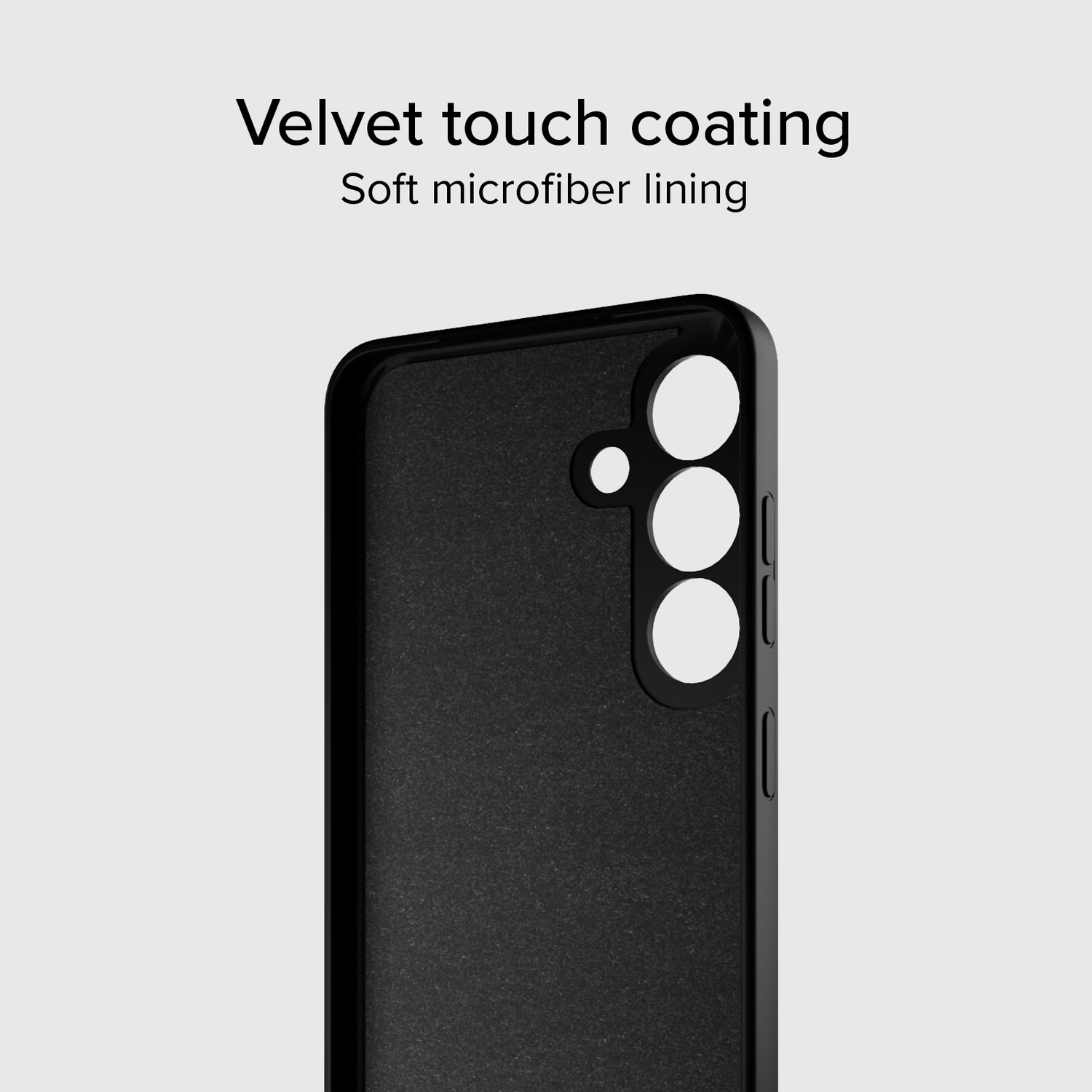 Close-up of a black phone case with a velvet touch coating and soft microfiber lining. Holes for the camera are visible.