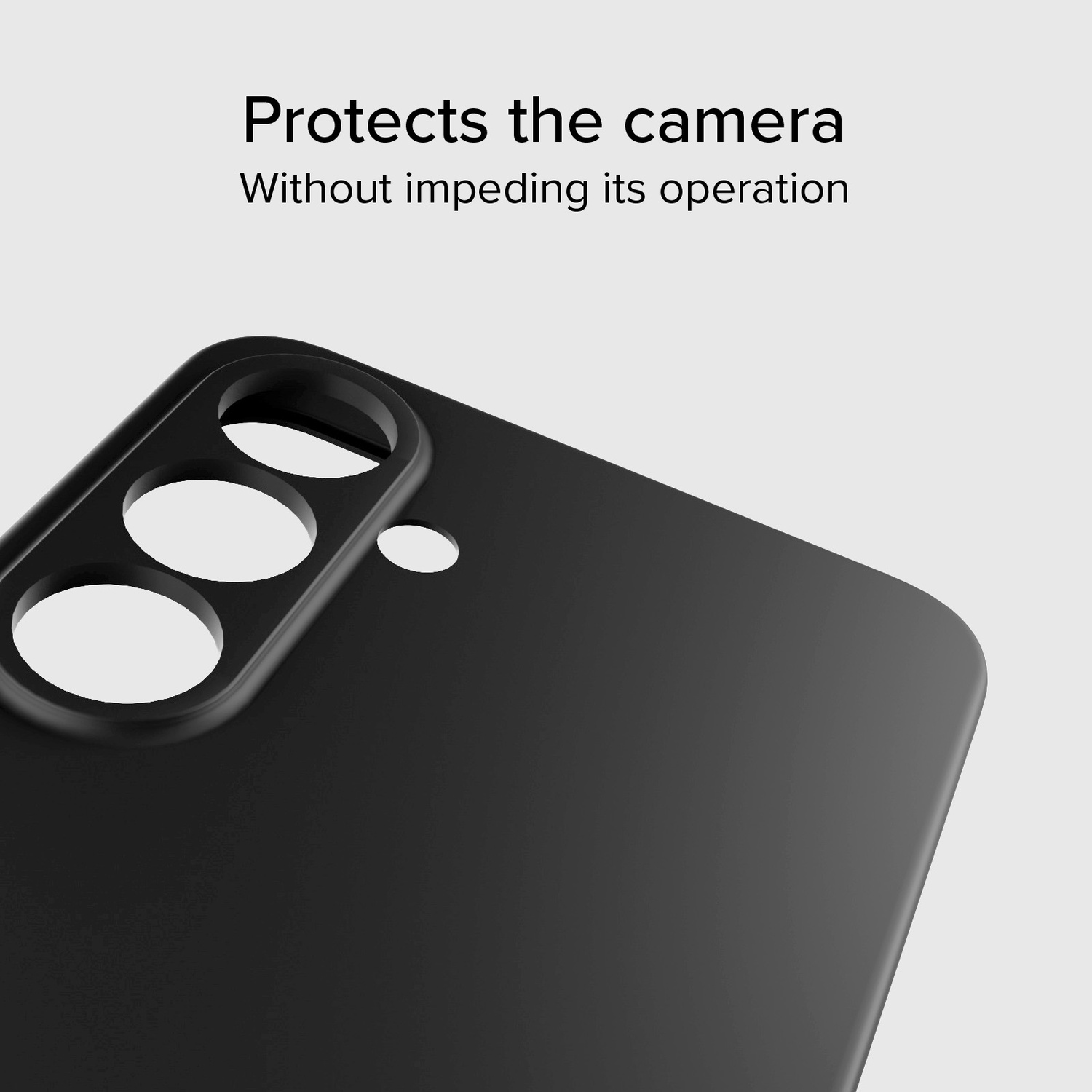 Black phone case with camera cutouts. Text reads, Protects the camera without impeding its operation, on a white background.