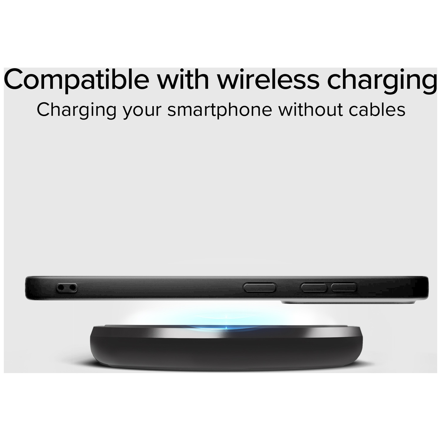 Black smartphone charging wirelessly on a black charging pad. The headline says 'Compatible with wireless charging'.