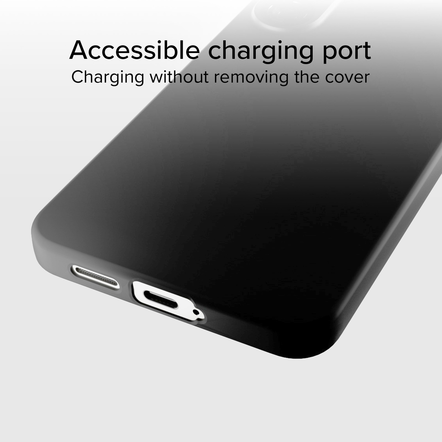 Black phone case with charging port visible. Text on top says accessible charging port and charging without removing the cover.