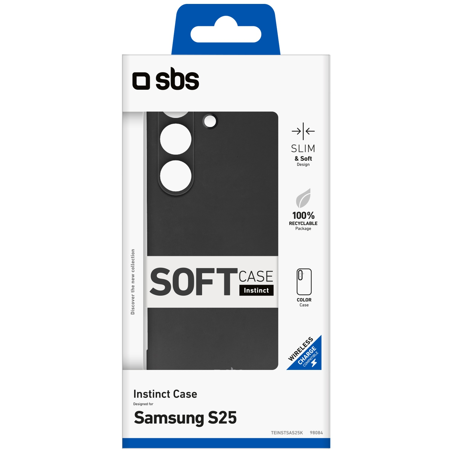 A phone case box with a black case visible. It says 'Soft Case Instinct' and 'Samsung S25'.