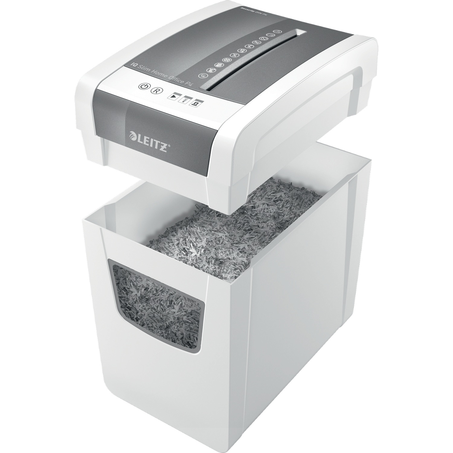 A white and grey Leitz paper shredder. Shredded paper fills the bin below the shredder. The shredder is open.