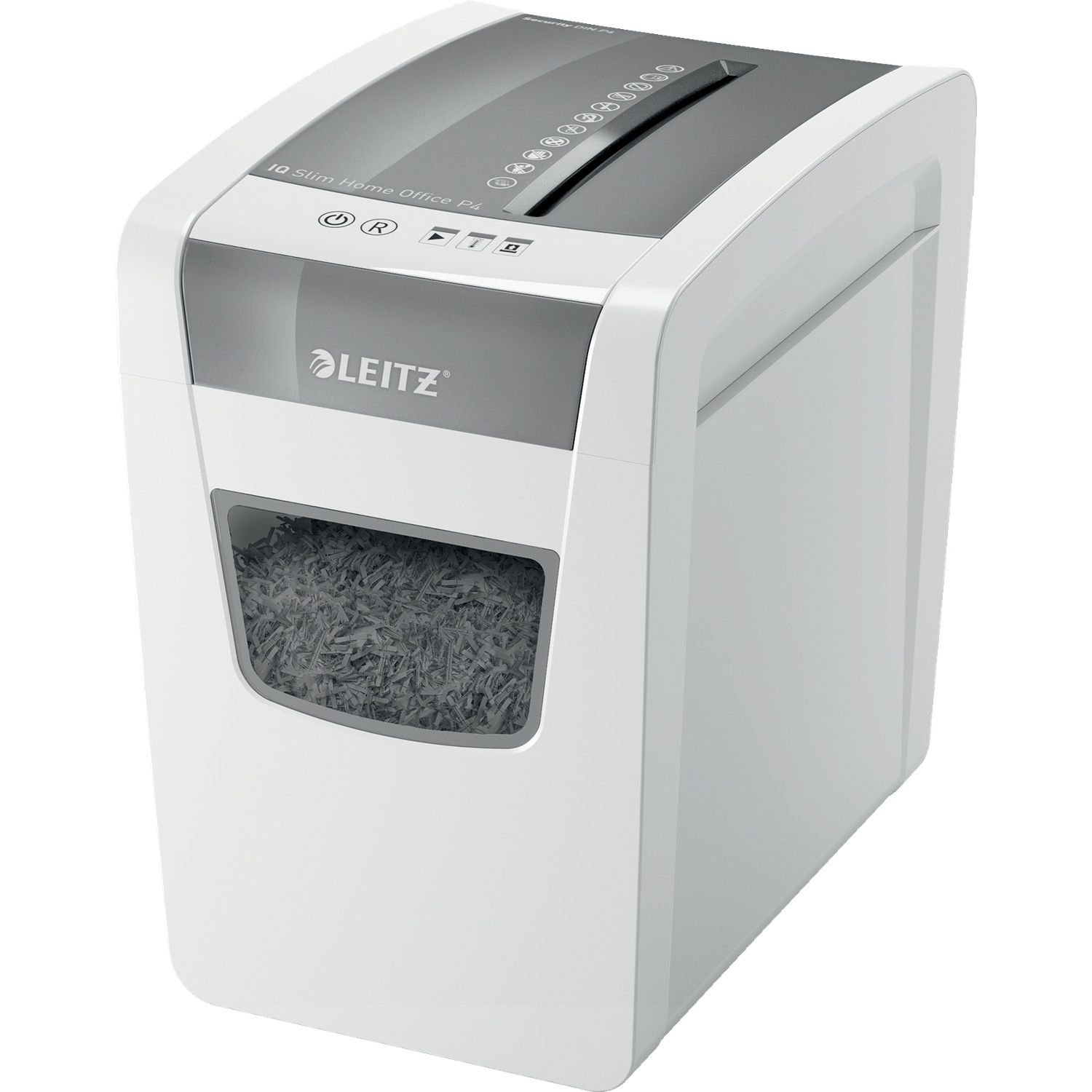 A white and gray Leitz paper shredder. Shredded paper visible in a window on the front. Control panel on top.