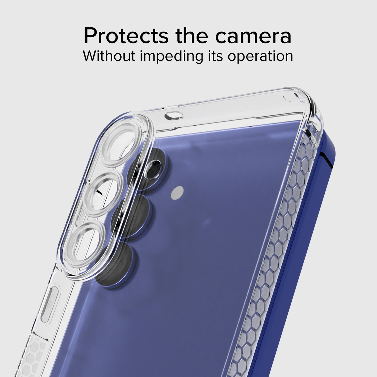 Coque de téléphone transparente avec protection de caméra, téléphone bleu à l'intérieur. Texte : Protège l'appareil photo, sans entraver son fonctionnement.